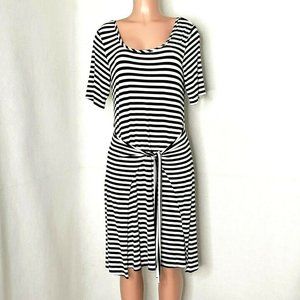 Neiman Marcus Black White Striped Dress Strappy Back Faux Wrap Tie Front